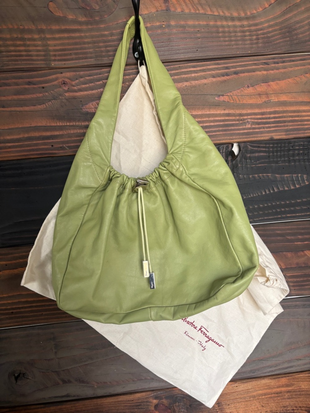 Salvatore Ferragamo Spring Green Leather Drawstring Hobo Bag